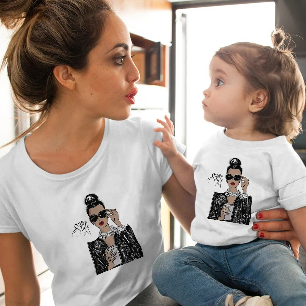 

Girl's Drink Coffee Printed Woman T Shirts Kids Clothes Autumn Outfits Matching Family ​Short SleeveI Suit For Girls ​Tshir