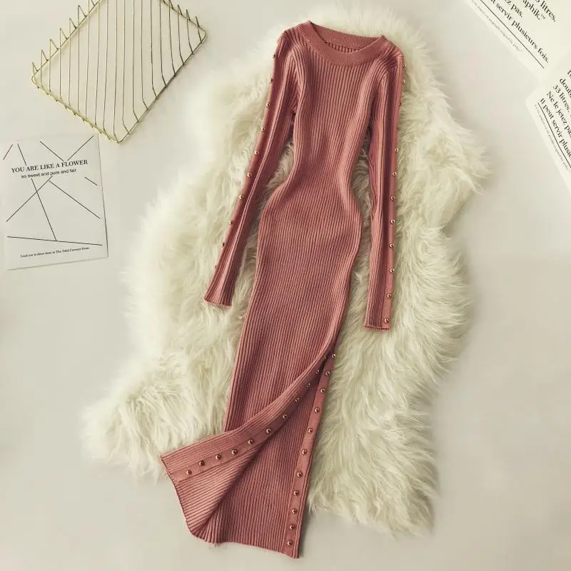 

Зимнее женское платье 2021, облегающее платье-свитер, женское вязаное платье с длинным рукавом, винтажные Элегантные платья макси с разрезом, вечерние осенние