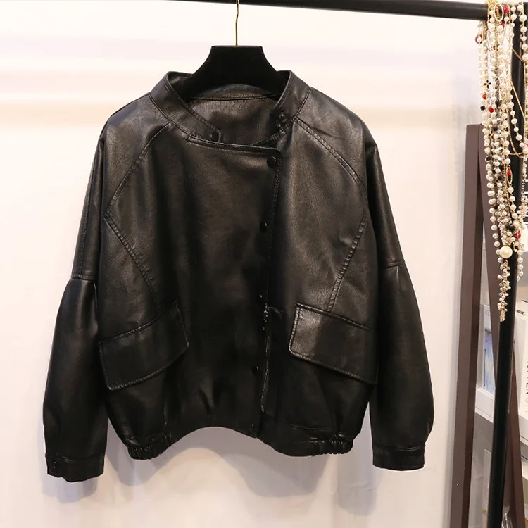 

Casual Women's Jackets Turn-down Collar Black Pink Beige Long Sleeve Loose PU with Zipper S M L Solid Autumn New Arrival 2021