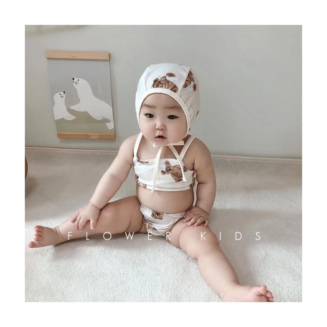 

2021 Split Swimsuit Summer New Toddler Baby Girl Cartoon Pictures Suspender Blouse +kid Fairy Soft Short Swimming Trunks + Hat