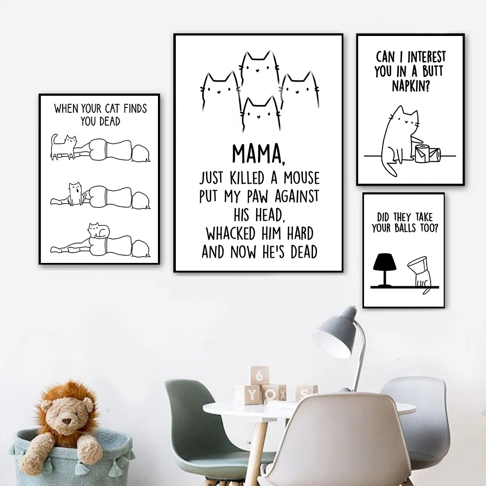 Cat Butt Napkin Wall Art Canvas Painting Funny Bum Posters and Prints House Warming Gift Cats Black White Pictures Home Decor | Дом и сад