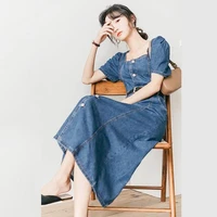 2021 spring new salty sweet french little fragrance cowboy dress female summer square collar bubble sleeve middle dress