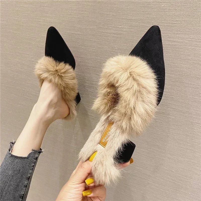 

Женская меховая обувь, новинка сезона осень-зима 2021, обувь из кроличьего меха, Женская бархатная обувь на толстом высоком каблуке