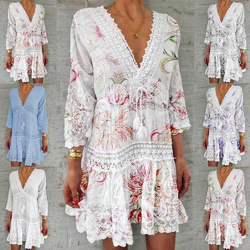 

2021 Spring Vintage V Neck Tassel Party Dress Women Elegant Floral Print 3/4 Sleeve Mini Dress Ladies Summer Casual Dress