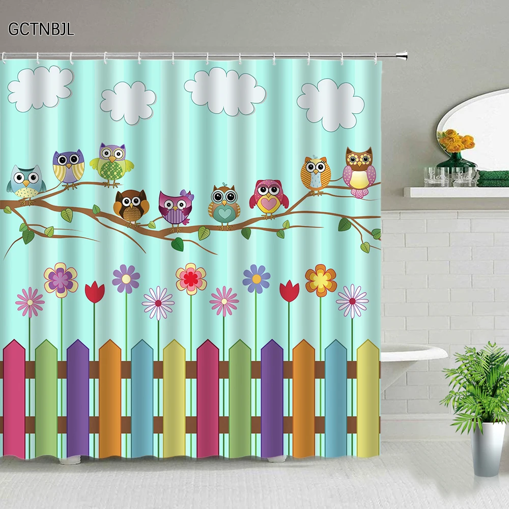 

Cartoon Animal Owl Shower Curtains Colorful Flower Blue Fabric Washable Children's Bathroom Decoration Bath Screen With Hooks