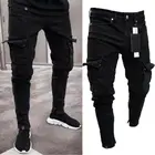Мужские байкерские рваные длинные джинсовые брюки, узкие джинсовые брюки, рваные эластичные-черные брюки
