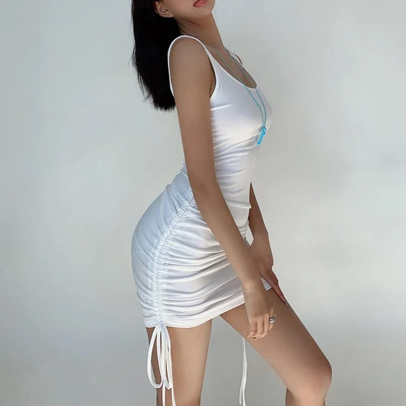 

XUXI Women Sexy Slim Drawstring Waistcoat Skirt Bag Hip Bottoming Short Skirt Fashion Suspender Dress Summer 2021 E2698