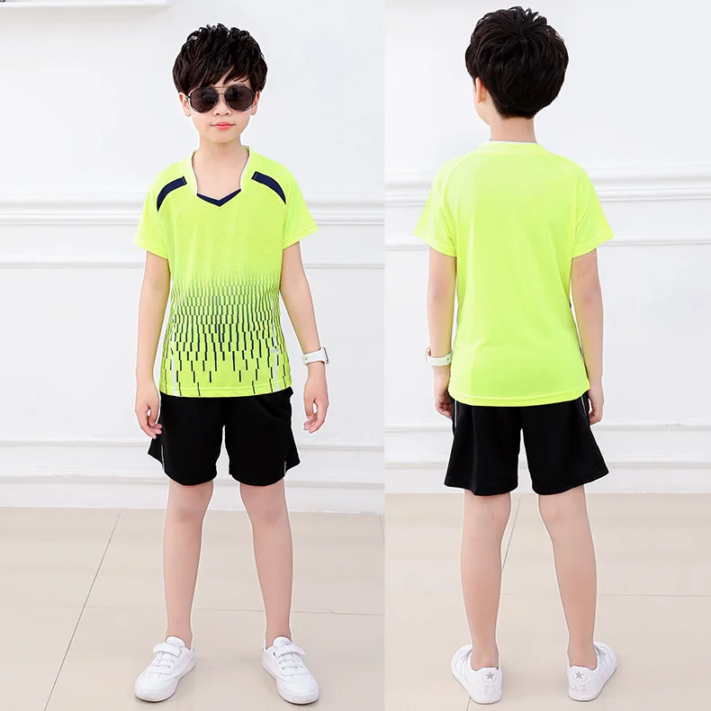 boys green set Детская Молодежная рубашка для бадминтона, костюм с юбкой для мальчиков и девочек, дышащая футболка для бега, настольного тенниса, тренировочная командная форма, комплект спортивной одежды - Цвет: boys green set