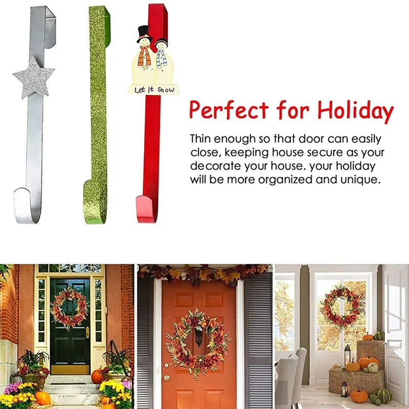 Colgador de guirnalda para puerta de Navidad, gancho para colgar en la parte delantera y trasera, adorno decorativo de hierro sobre la puerta, 3 piezas, 30cm-5