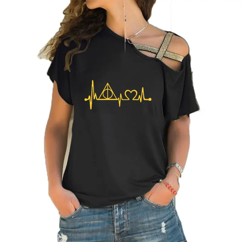 

New fashion summer t shirt women Deathly Hallows Heartbeat print tshirt Irregular Skew Cross Bandage tee tops Size S-5XL