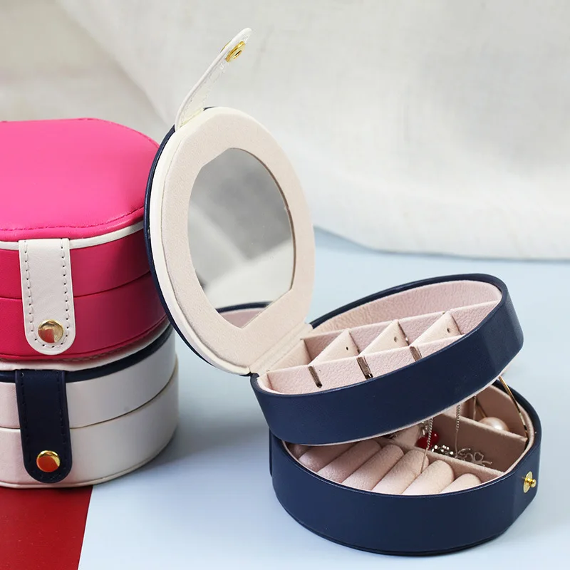 Simple circular double-layer jewelry box high-grade multifunctional jewelry box with mirror ring stud jewelry storage box