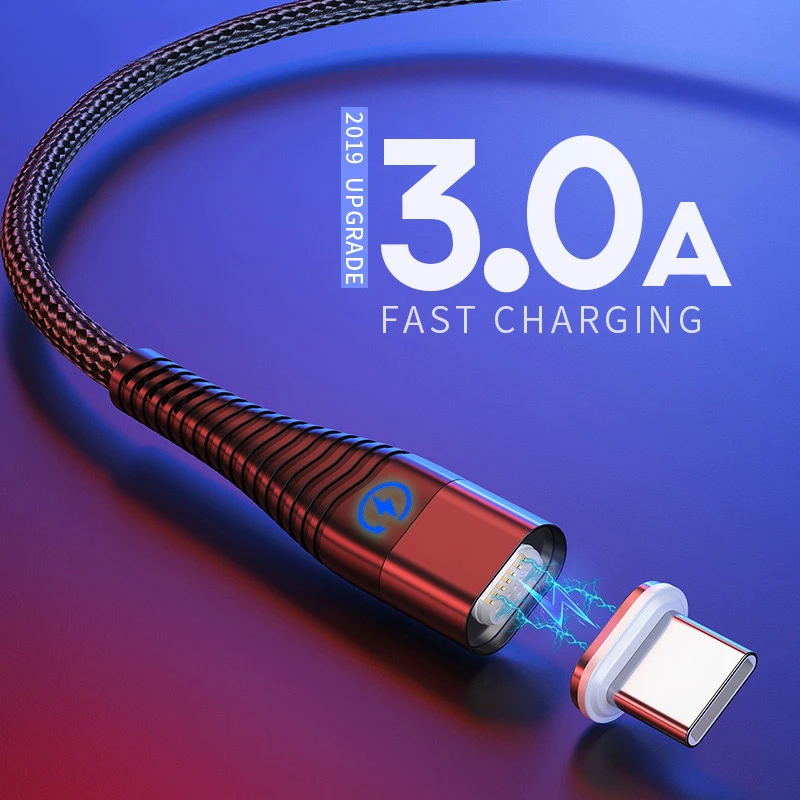 Кабель Usb Type C 1 м 2 светодиодный магнитный кабель для быстрой зарядки Samsung Galaxy S9 S8