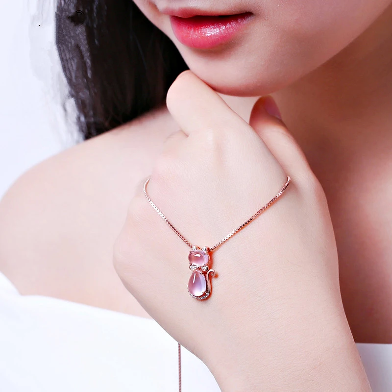 Korean version Necklace plated rose gold natural Ross quartz powder crystal cat women's Pendant clavicle chain jewelry necklaces |