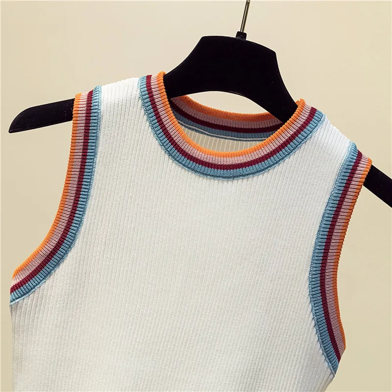women Striped Color collision knitted vest female lady Girls suspenders waistcoats thin summer ice silk sleeveless Tank Tops