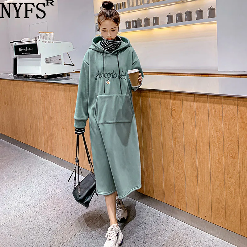 

NYFS 2021 зимнее корейское новое бархатное женское платье с карманами, платье Elbise, модное платье с капюшоном и принтом из бисера