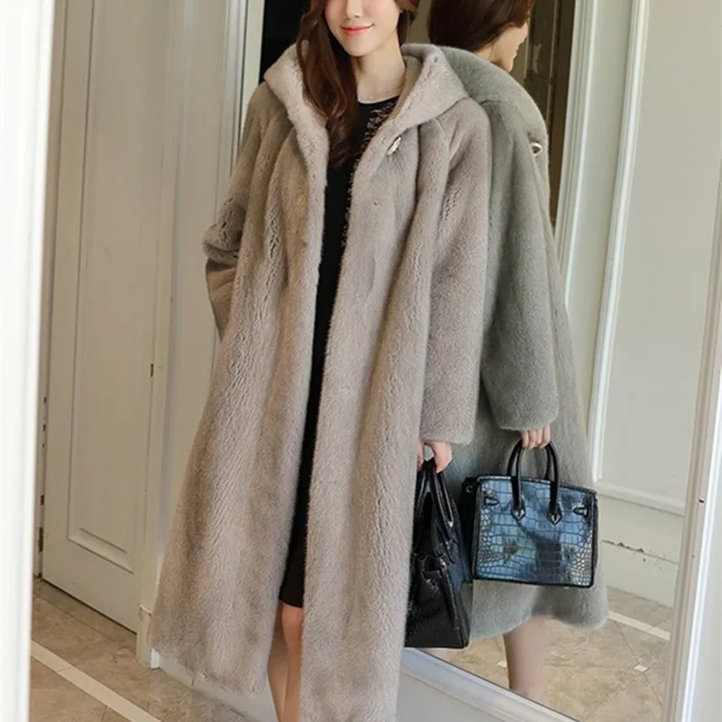 2021 new imported mink fur coat long hooded loose large size fur warm female mink coat Office Lady  Winter  With Fur Trim Hood