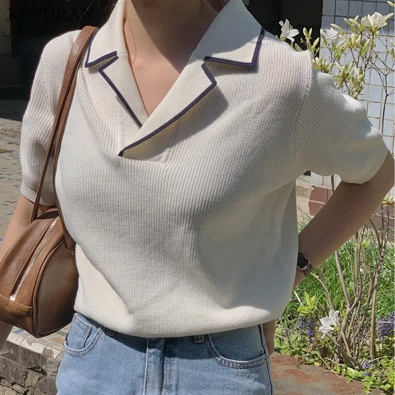 

Тонкий вязаный пуловер для лета, свитер, корейские свободные трикотажные рубашки контрастных цветов с отложным воротником и коротким рукав...
