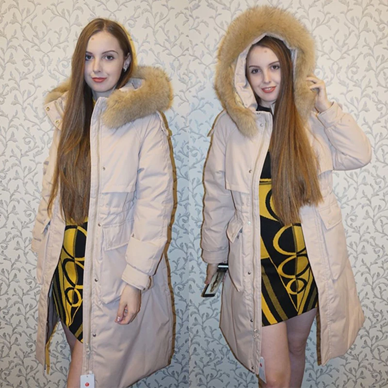 FTLZZ зимний женский длинный пуховик с большим натуральным меховым воротником