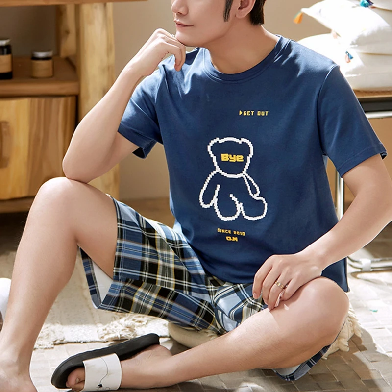 

Summer Sleepwear Cotton Pajama Sets Fashion Letter Print Casual Short Sleeve Top Pijama Striped Shorts Plus Size Pajamas for Men