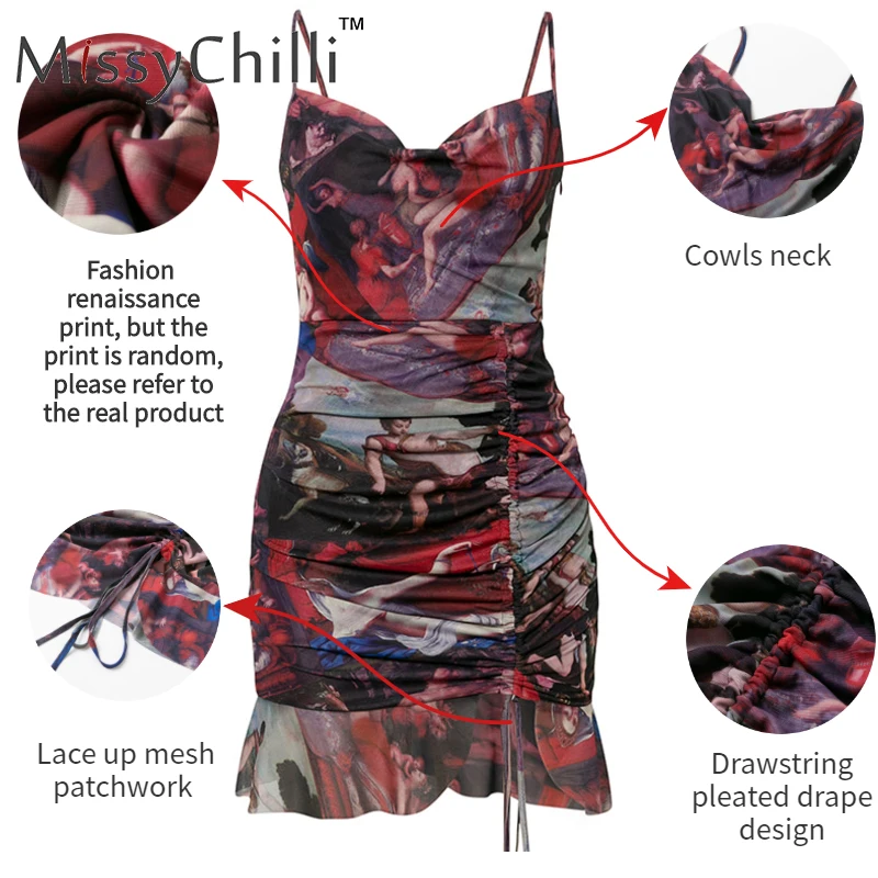 MissyChilli Print mesh vintage short dress Women drawstring sleeveless retro bodycon Summer sexy elegant party club | Женская одежда