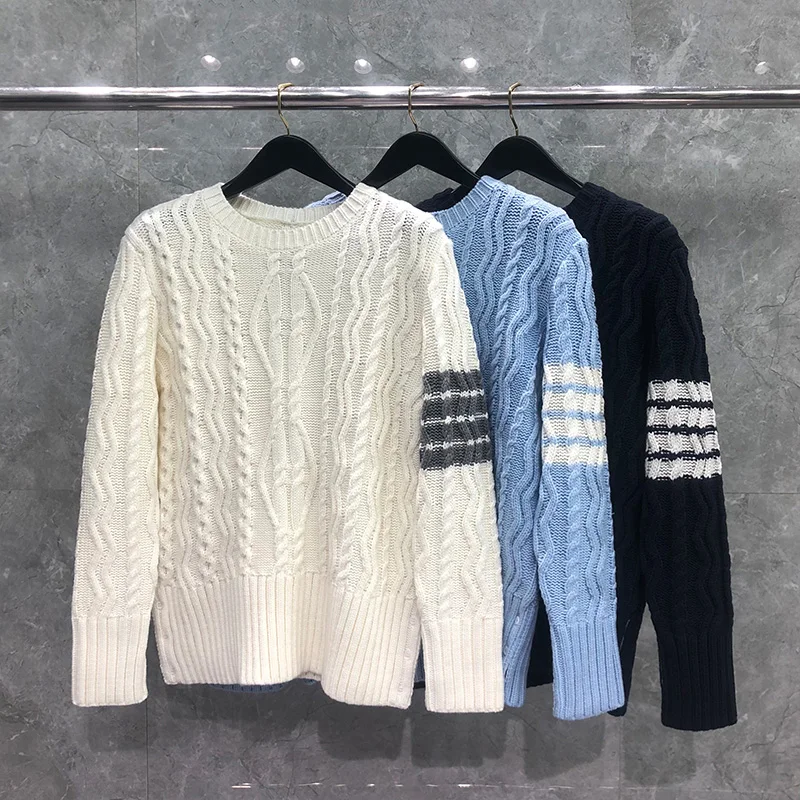 TB THOM Men's Sweater Winter Fashion Brand Coats Merino Wool Arm Cable 4-Bar Stripe Knit Crew Neck Pullover Wholesale TB Sweater
