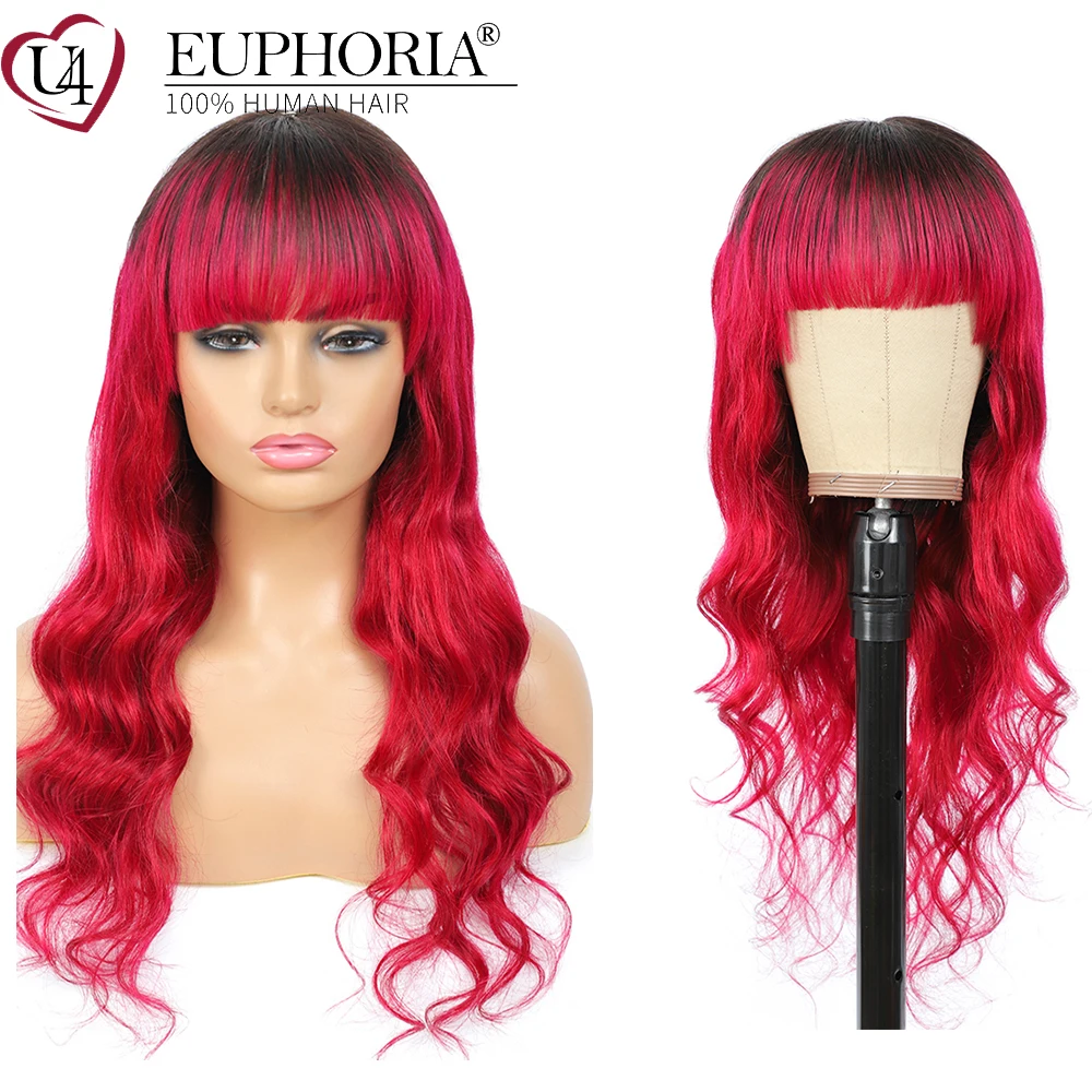 Омбре красный Бург волнистые волосы парик бразильские Remy полные машины сделанные парики с челкой блонд 27