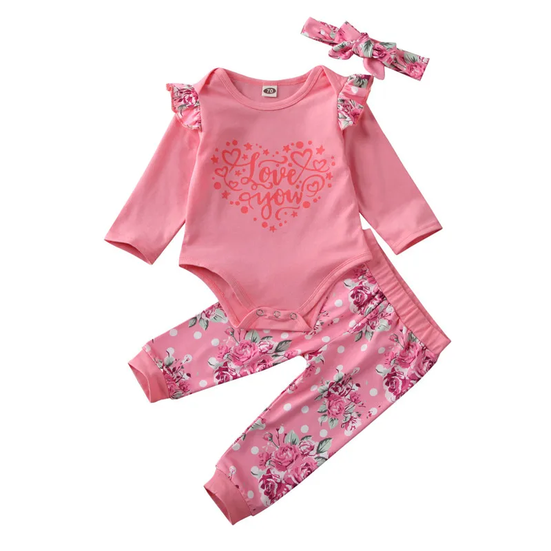 

2Pcs Valentine's Day Infant Baby Girl Kid Long Sleeves Flower Pants Outfit Clothes