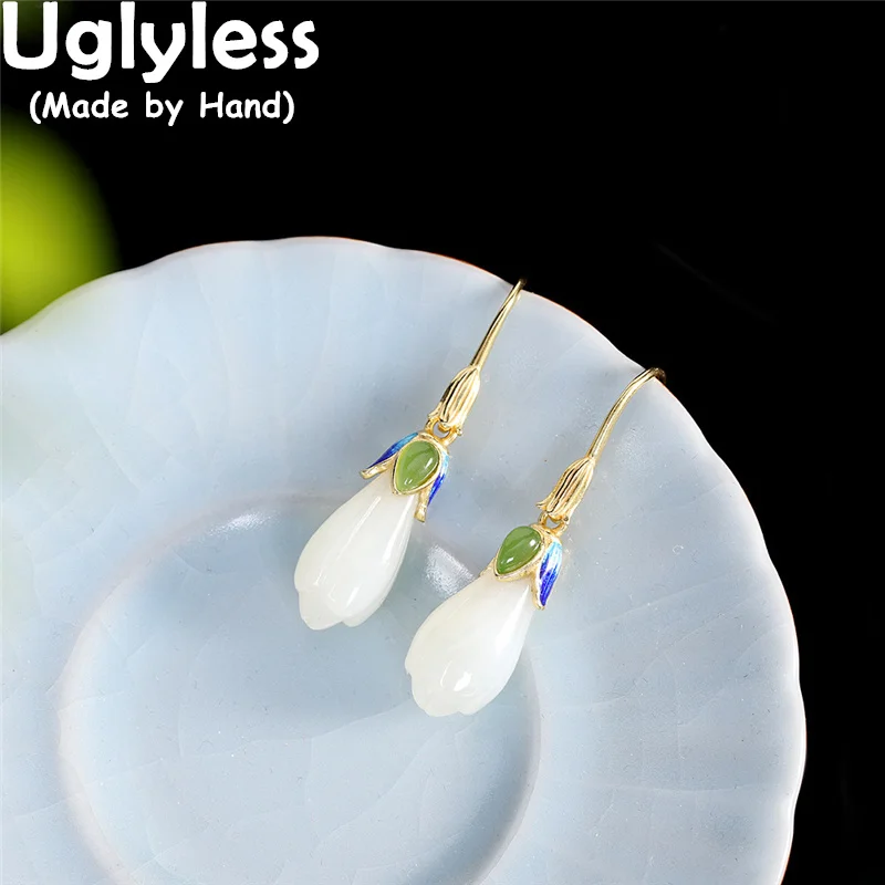 

Uglyless Magnolia Flowers Elegant Gemstones Earrings for Women Nature Hotan Jade Jewelry 925 Silver Floral Brincos Dress Jewelry