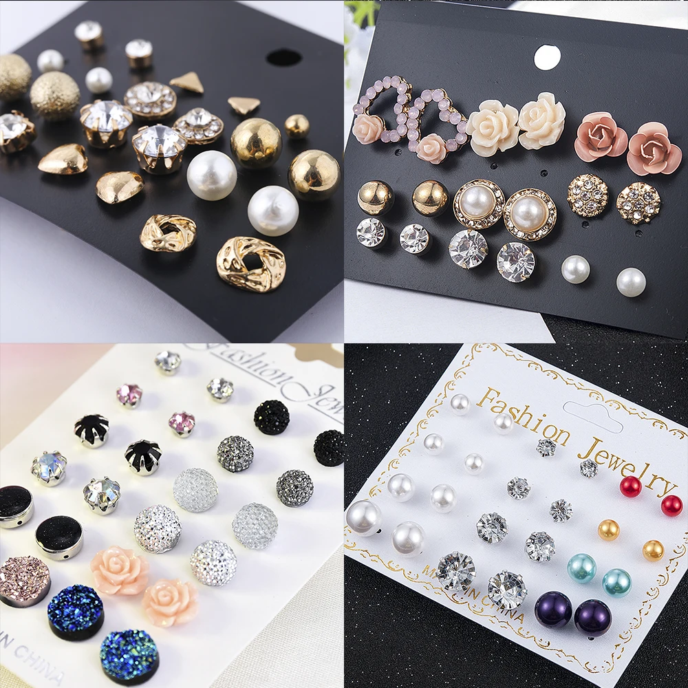 

Crystal Simulated Pearl Earrings Set Women Jewelry Accessories Piercing Ball Stud Earring Kit Bijouteria Brincos Wholesale