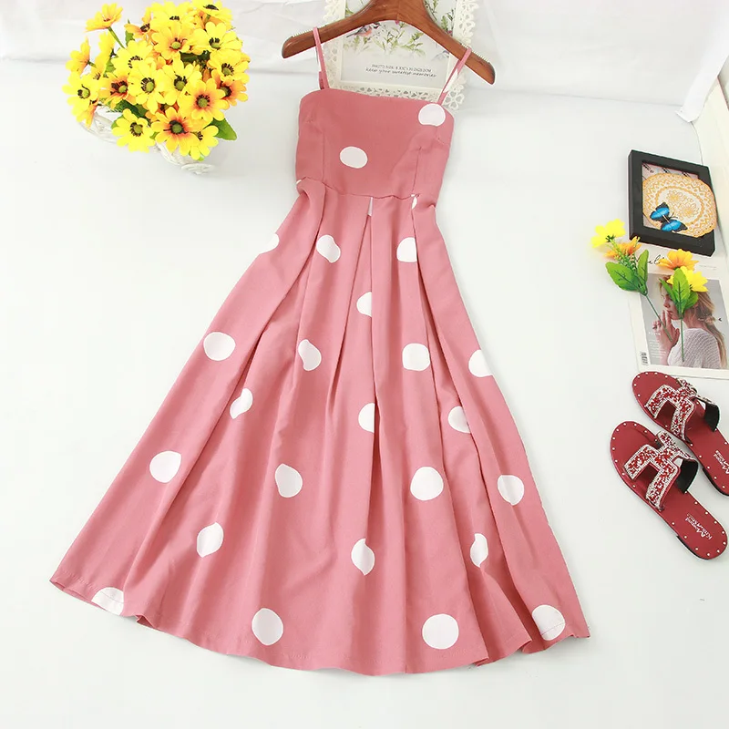 Women Polka Dot Chiffon Long Dress Sexy Spaghetti Strap Backless Vintage Party Female High Waist Elegant Dresses | Женская одежда