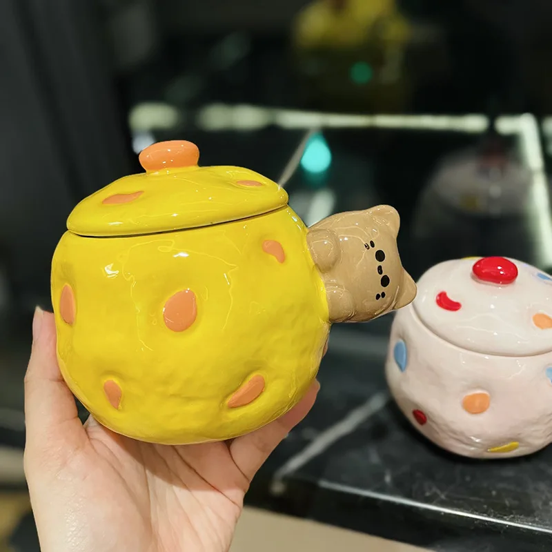 Кружка для печенья с медведем крышкой и ложкой милым мультяшным котом