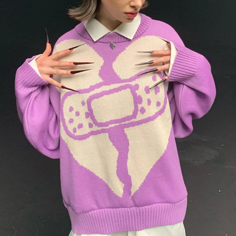 

Женский вязаный Свитер оверсайз с принтом сердечек, повседневный Свободный пуловер в стиле Харадзюку, джемпер с длинным рукавом