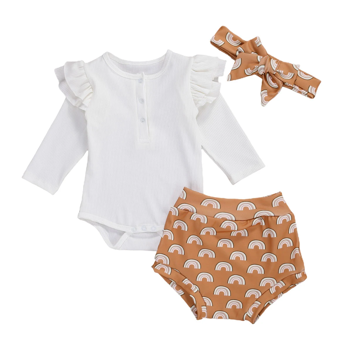 

Комплект одежды для маленьких девочек, однотонный комбинезон с длинными рукавами с оборками и круглым вырезом + шорты с солнечным радужным ...