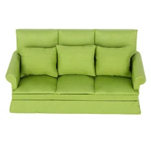 1:12 Doll House Mini Sofa with 3pcs Pillow Living Room Furniture Wooden Doll House Decoration Accessories(Green )