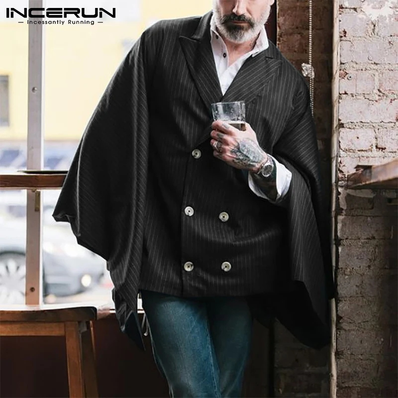 

Autumn Winter Stylish Men's Hot Sale Trench Ponchos Male Comeforable Striped Coats Sleeve Capes Cloaks S-5XL INCERUN Tops 2021