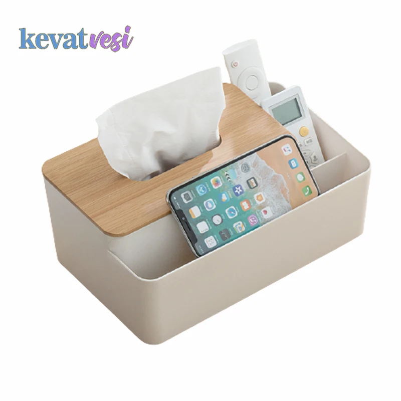 

Wood Tissue Box Multifunction Storage Box Desktop Organizer for TV Remote Control Phone Holder Cosmetic Container Napkin Holder