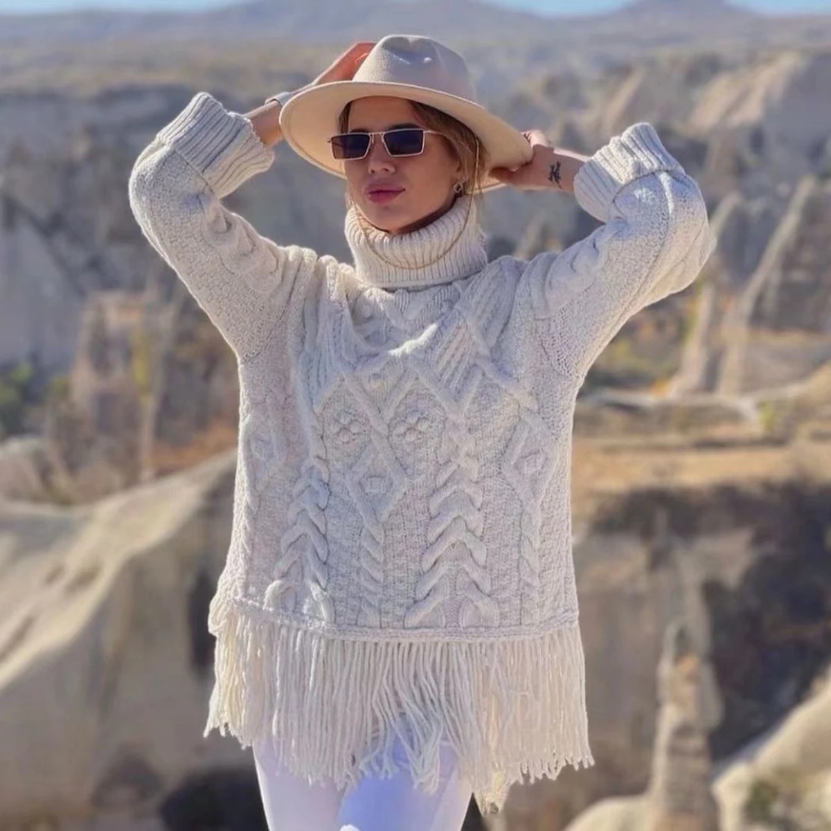 

Jastie/зимняя женская одежда, однотонные вязаные свитера с высоким воротником и длинным рукавом, свободные свитера с кисточками, Модные Повсед...