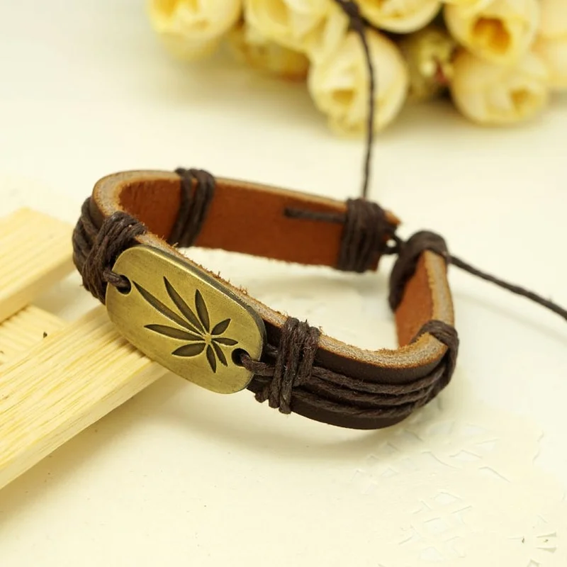 

Vintage Fashion Hemp Leaf Bracelet Handmade Woven Cowhide Bracelet Party Jewelry Anniversary Gift