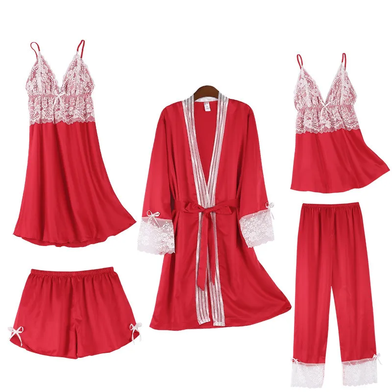 

White lace nightgown Sexy Lace Sleep Lounge Pajama 5-pcs Set For Women V-Neck Sleepwear Chest Pad Nightwear