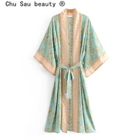 2020 new hot selling vintage boho floral print long kimono cardigan summer tops belted beachwear vestido blusas mujer