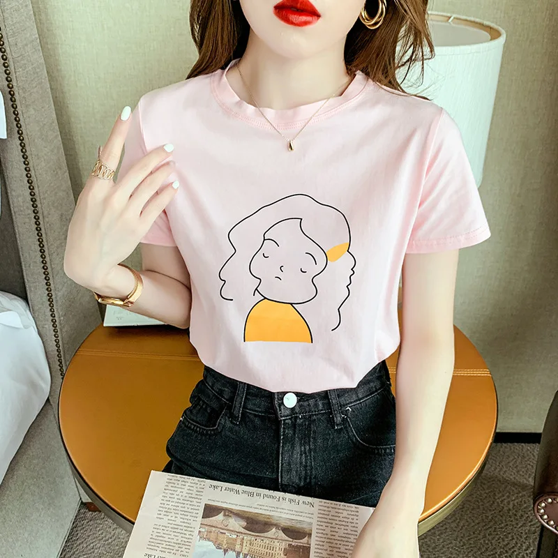 

White T Shirt Women 's Short Sleeve 2021 New Summer Clothes Cartoon Printed O Neck Shirts Slim Cotton Top Vest