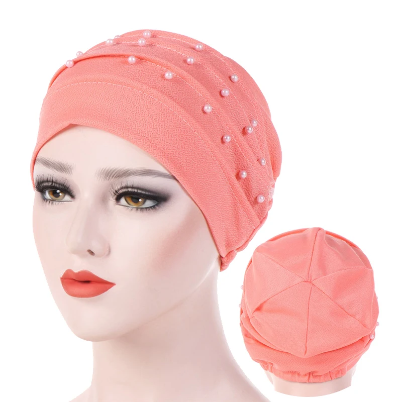 Модный Элегантный женский мусульманский однотонный хлопковый тюрбан с бисером