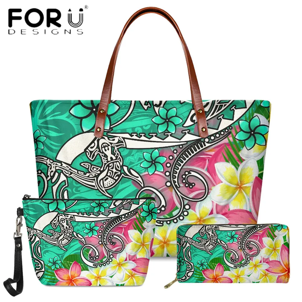 

FORUDESIGNS Luxury 3pcs Set Hawaii Polynesian Turtle Plumeria Print Women PU Leather Handbag Makeup Bag Purse Bolsa Femme