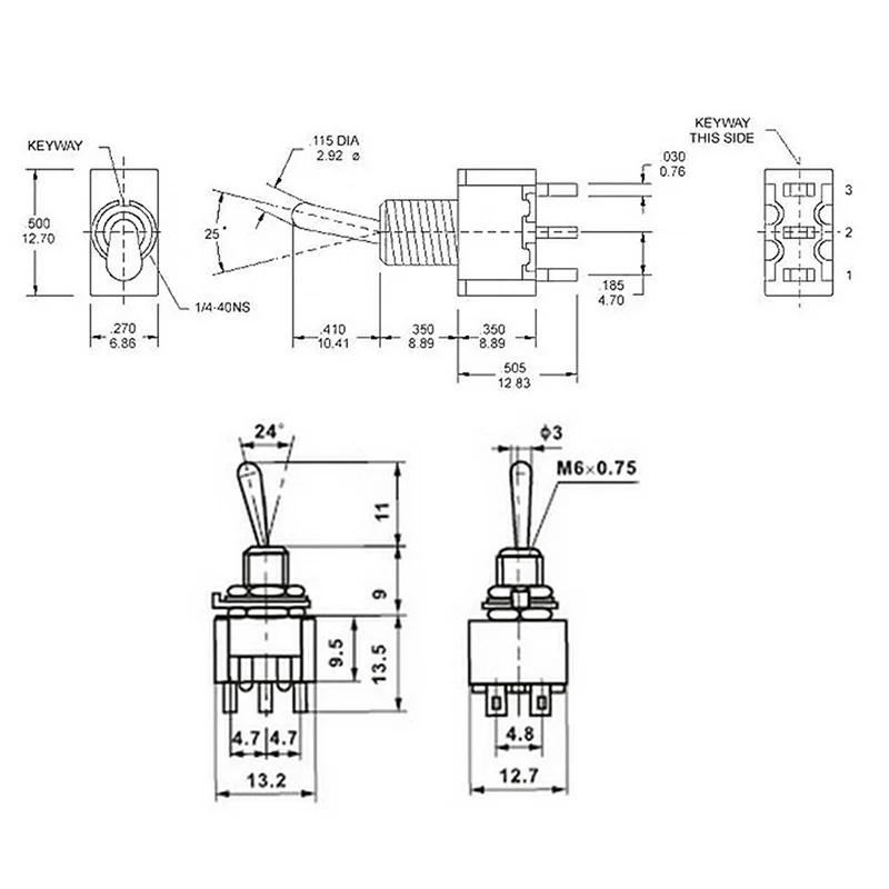 10 шт. миниатюрный тумблер однополюсный двойной переключатель SPDT (MTS102) ON-ON 125VAC 6A 1/4