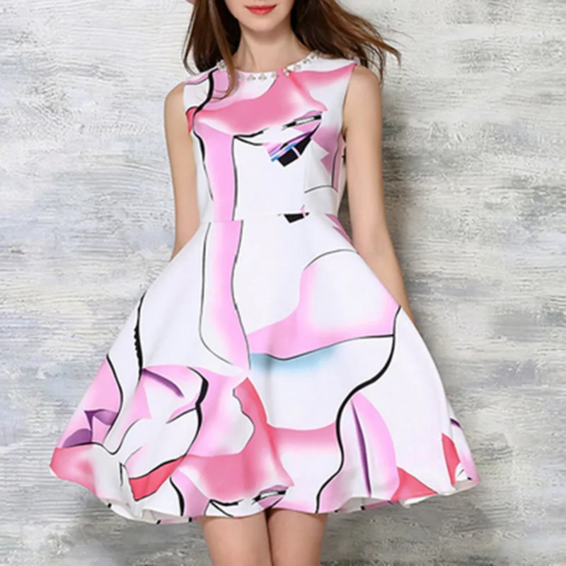 

2021 Summer New Round Neck Sleeveless Trendy Printed A-line Dress Fresh and Sweet, High Waist and Thin