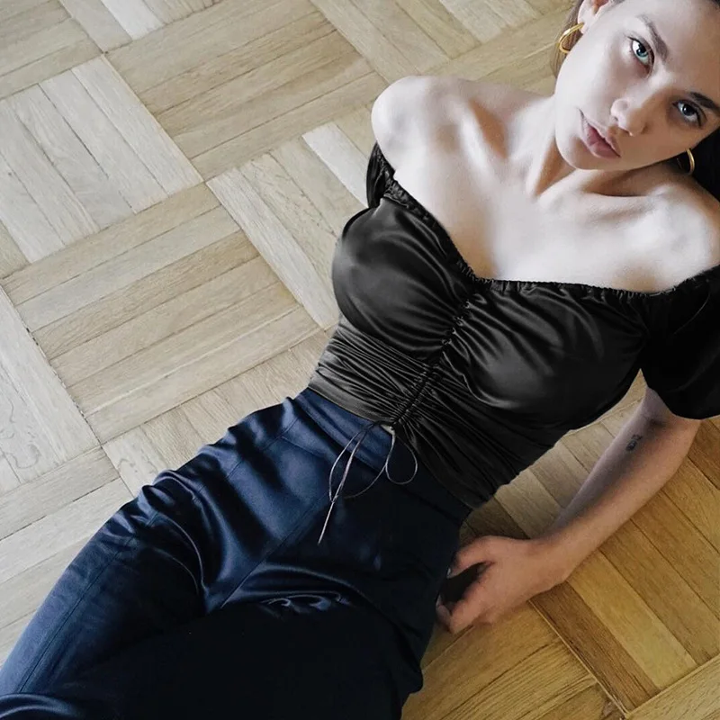 Летняя стильная модная футболка 2020 сексуальная с коротким рукавом Drawstring Slash Neck