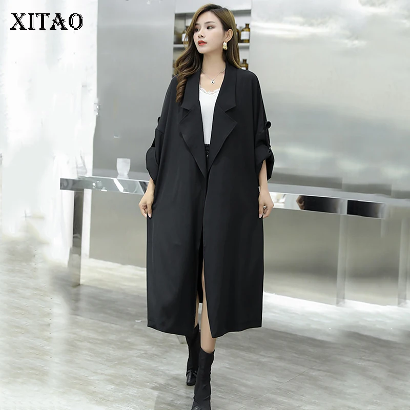 Женский свободный Тренч XITAO черный повседневный элегантный серого цвета в