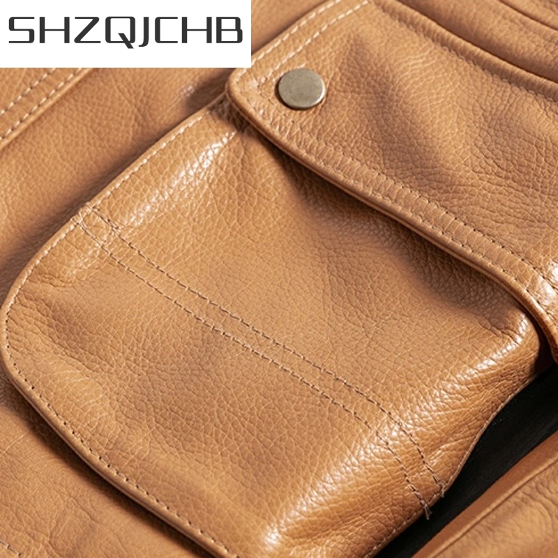 

JCHB 2021 Mens Biker Real Leather Jacket Short Multi-Pockets Slim Cowhide Cargo Jacket Autumn Winter New Luxury Casual Coat Over