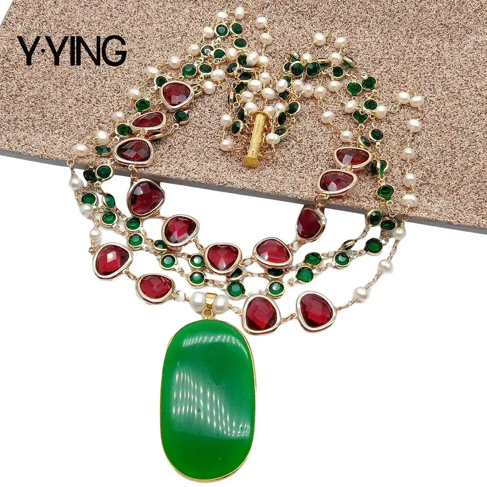 

Y·YING natural 4 Strands Cultured White freshwater Pearl Red Crystal Bezel Chain statement Necklace green stone pendant necklace