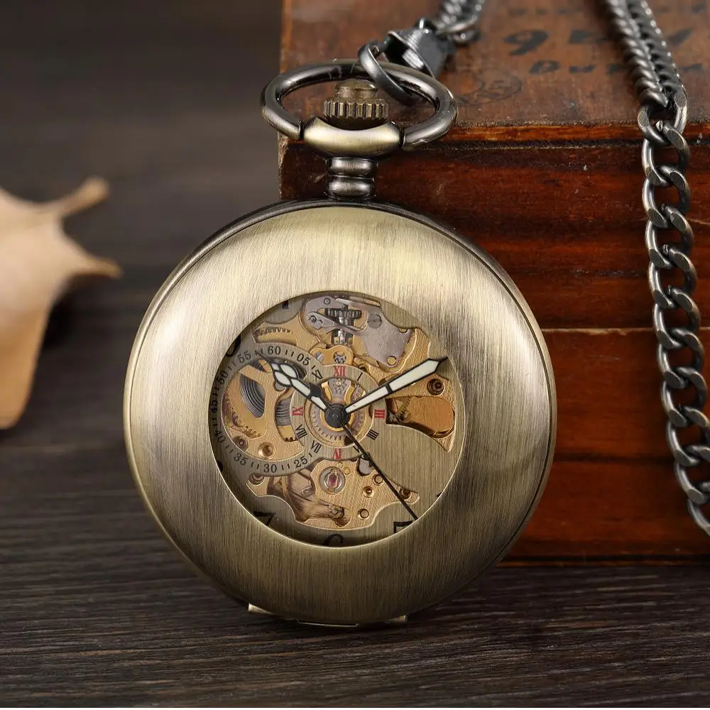 

Vintage Smooth Hollow Mechanical Pocket Watch Steampunk Arabic Numerals Hand Winding Fob Watch Chain Skeleton Pendent Men